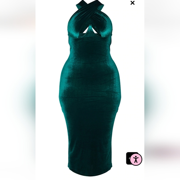 Plus Emerald Green Velvet Underwired Cross Front Midi Dress - Picture 3 of 6